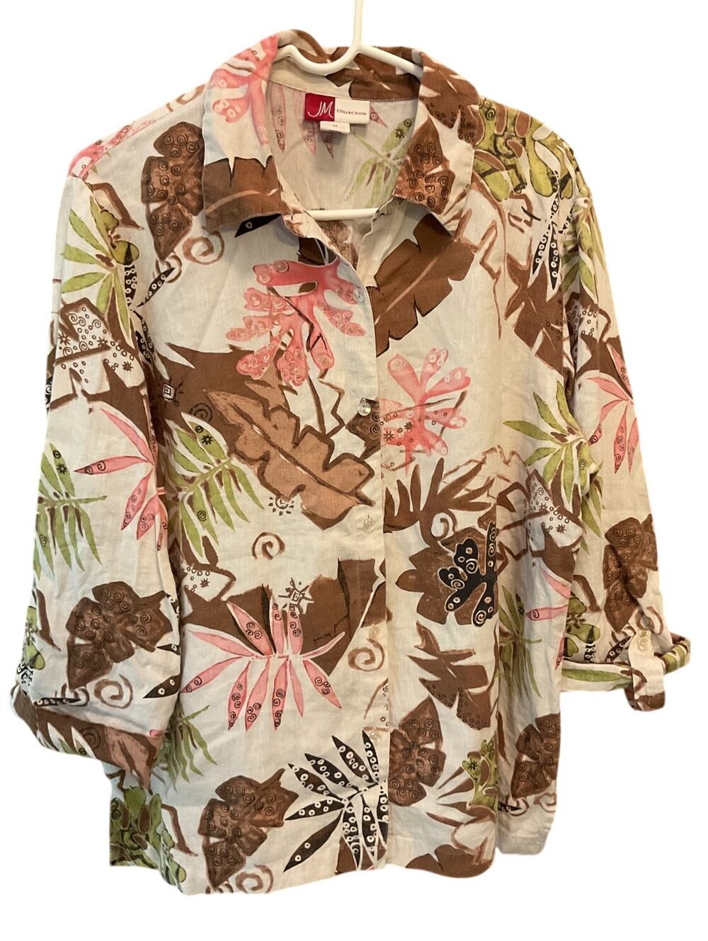 JM Collection 100% Linen Shirt Womens 14 Button Down Roll Tab Sleeve